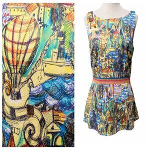 Weston Anthropologie Womens Size M Colorful Cityscapes Sleeveless Peplum Top